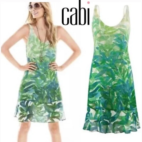 CAbi 5235 Castaway Dress Green Tropical Leaf Sleeveless Ruffle Trim Lined  Sz XL